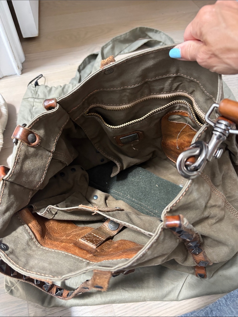 Campomaggi Olive Canvas Tote with Brown Leather Trim and Stud Accents - Picture 7 of 9